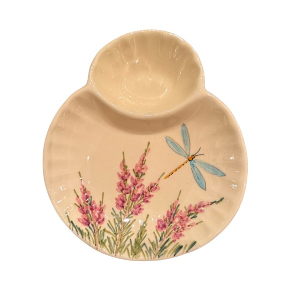 Floral Ceramic Handpainted Trinket Dish with Dragonfly Design Made in France